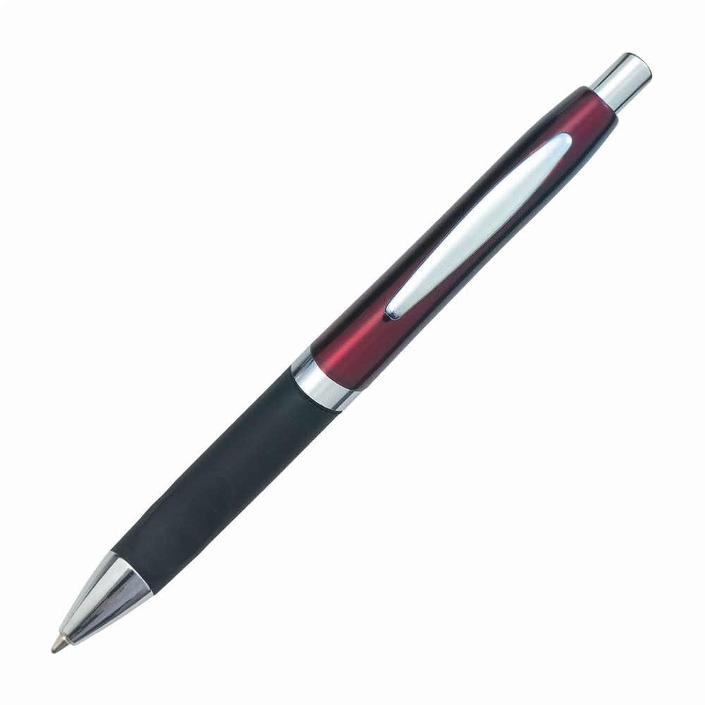 A sleek plastic pen with a black and burgundy design, featuring a chrome clip and accents.