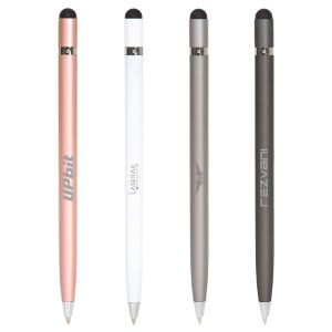A set of four sleek metal pens in rose gold, white, grey, and dark grey, with branding on each.