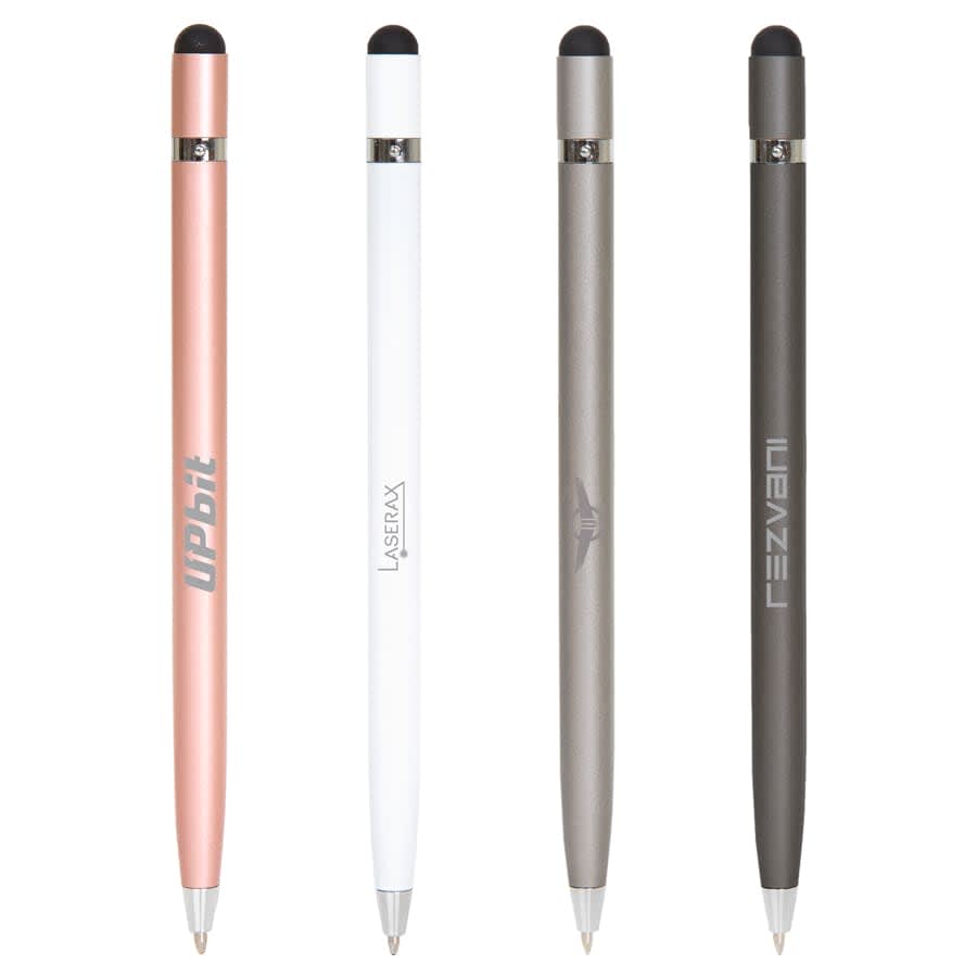 A set of four sleek metal pens in rose gold, white, grey, and dark grey, with branding on each.
