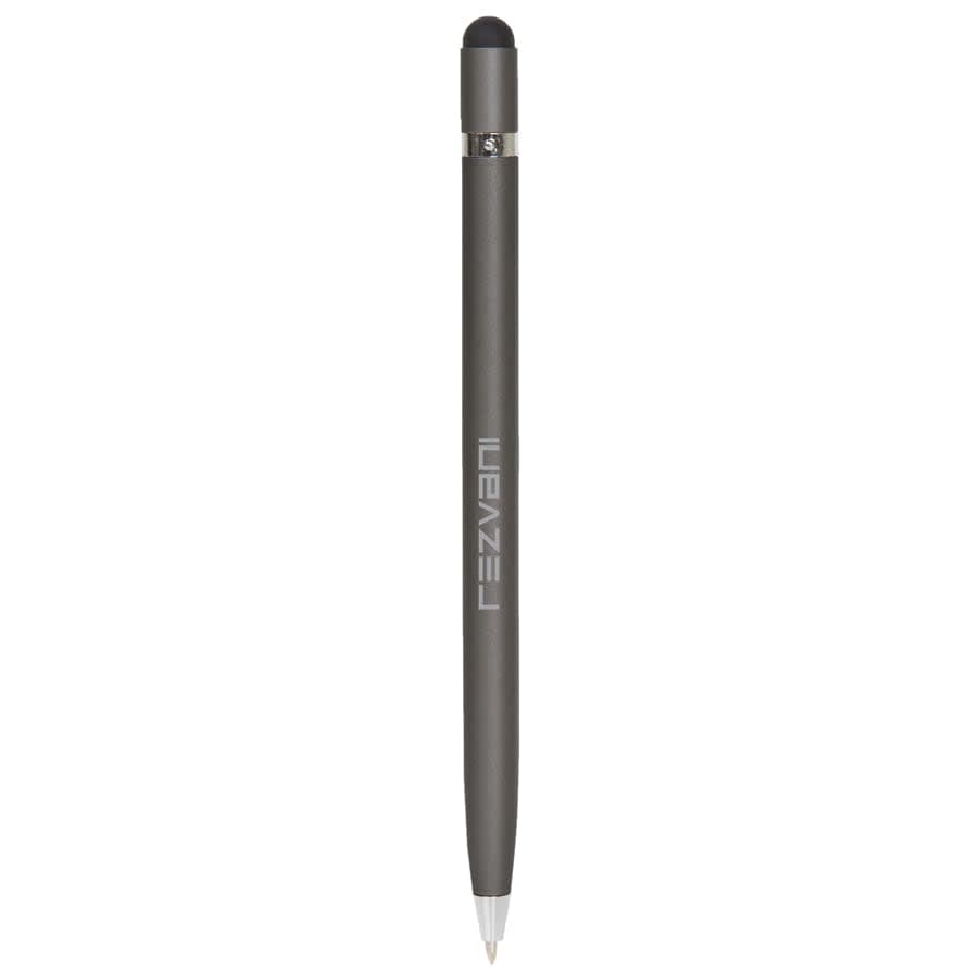 A metal pen in a sleek grey finish with a stylus tip and a logo displayed on the barrel.