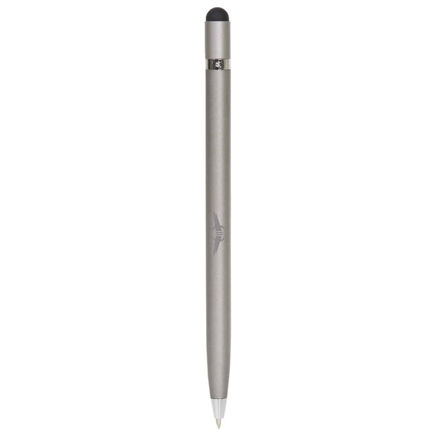 A sleek silver metal pen with a stylus tip, featuring a logo and a smooth finish.