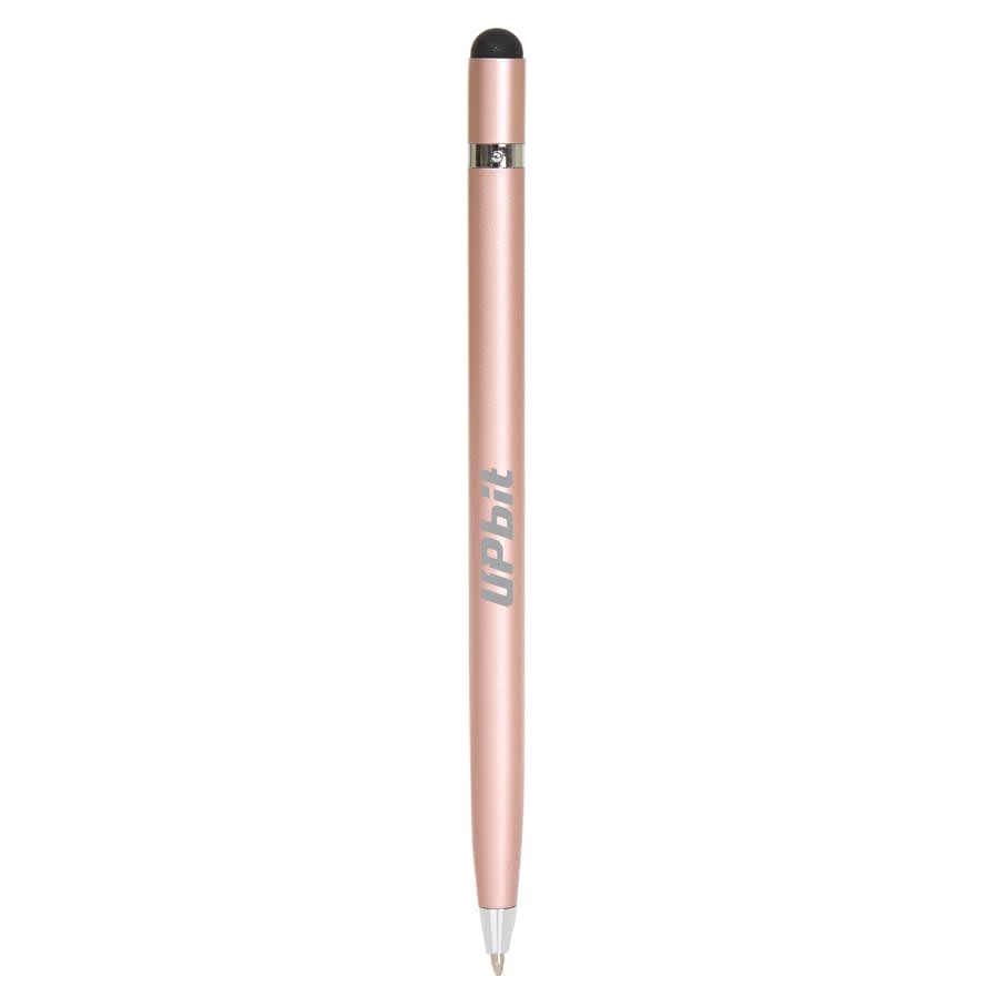 A metal pen in a rose gold colour with a stylus tip at one end and a branding logo.