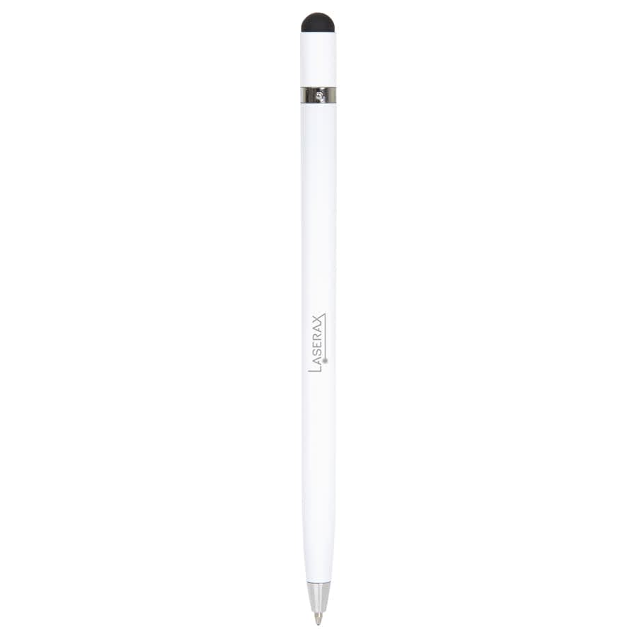 A white metal pen with a shiny silver accent and a stylus tip, featuring a logo.