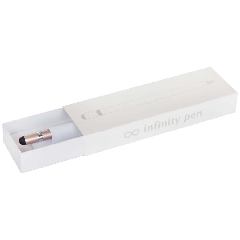 A metal pen in a rose gold colour, presented in a sleek white box with a logo.