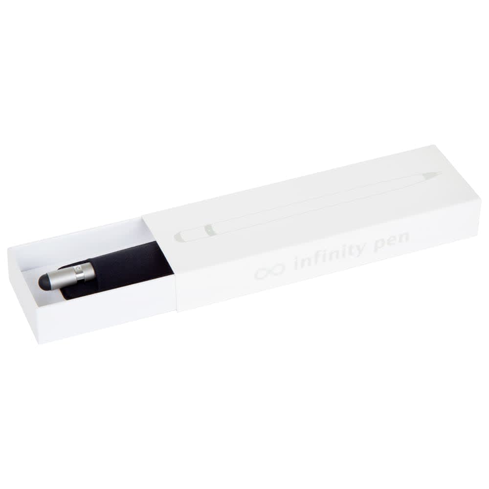 A sleek metal pen in a white box, featuring a minimalist design and a discreet logo.