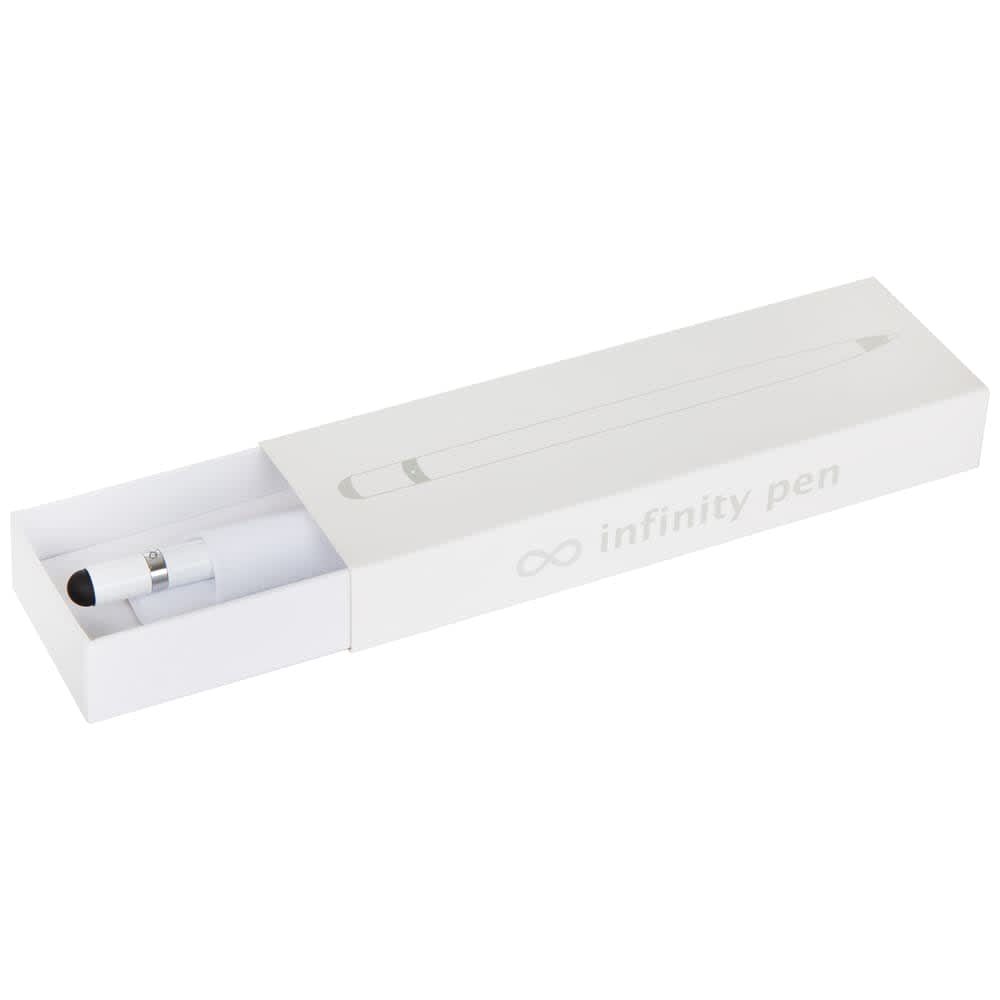 A metal pen in a white box with a logo, featuring a sleek design and minimalist style.