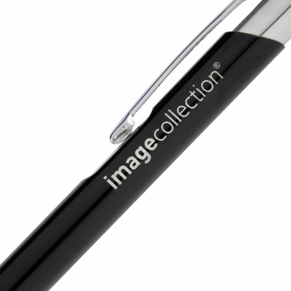A metal pen with a sleek black body and a shiny silver clip, featuring a logo on the side.