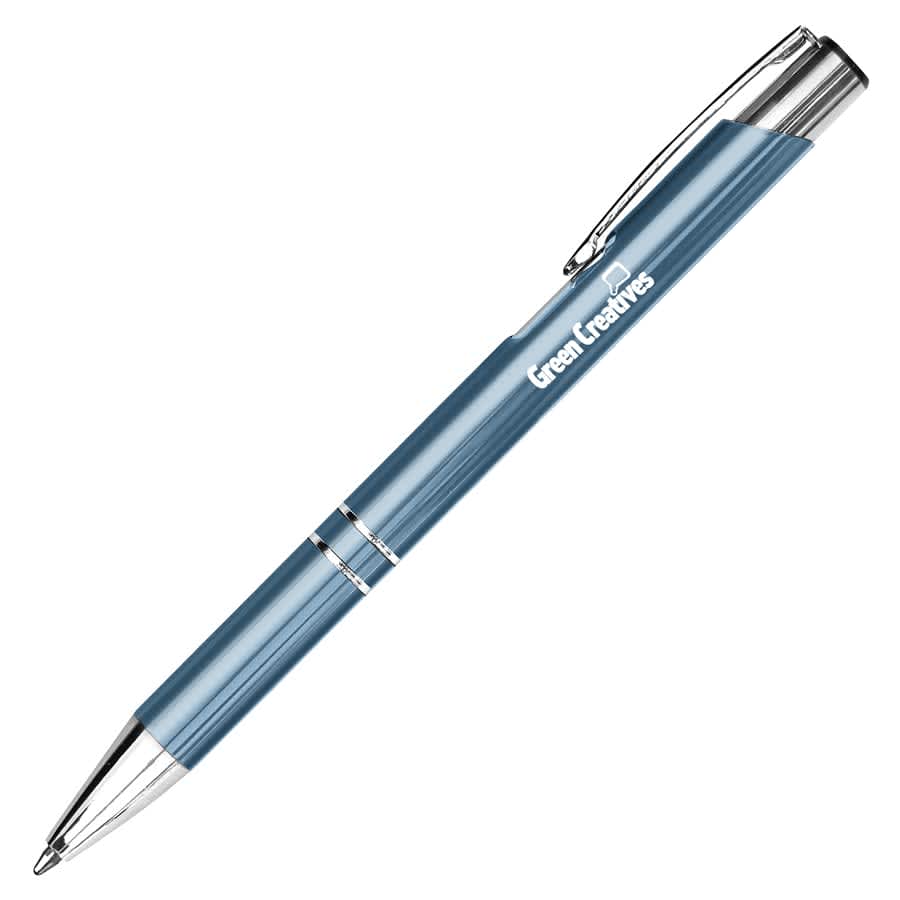 A metal pen in a sleek blue finish with silver accents and a clip, featuring a logo.