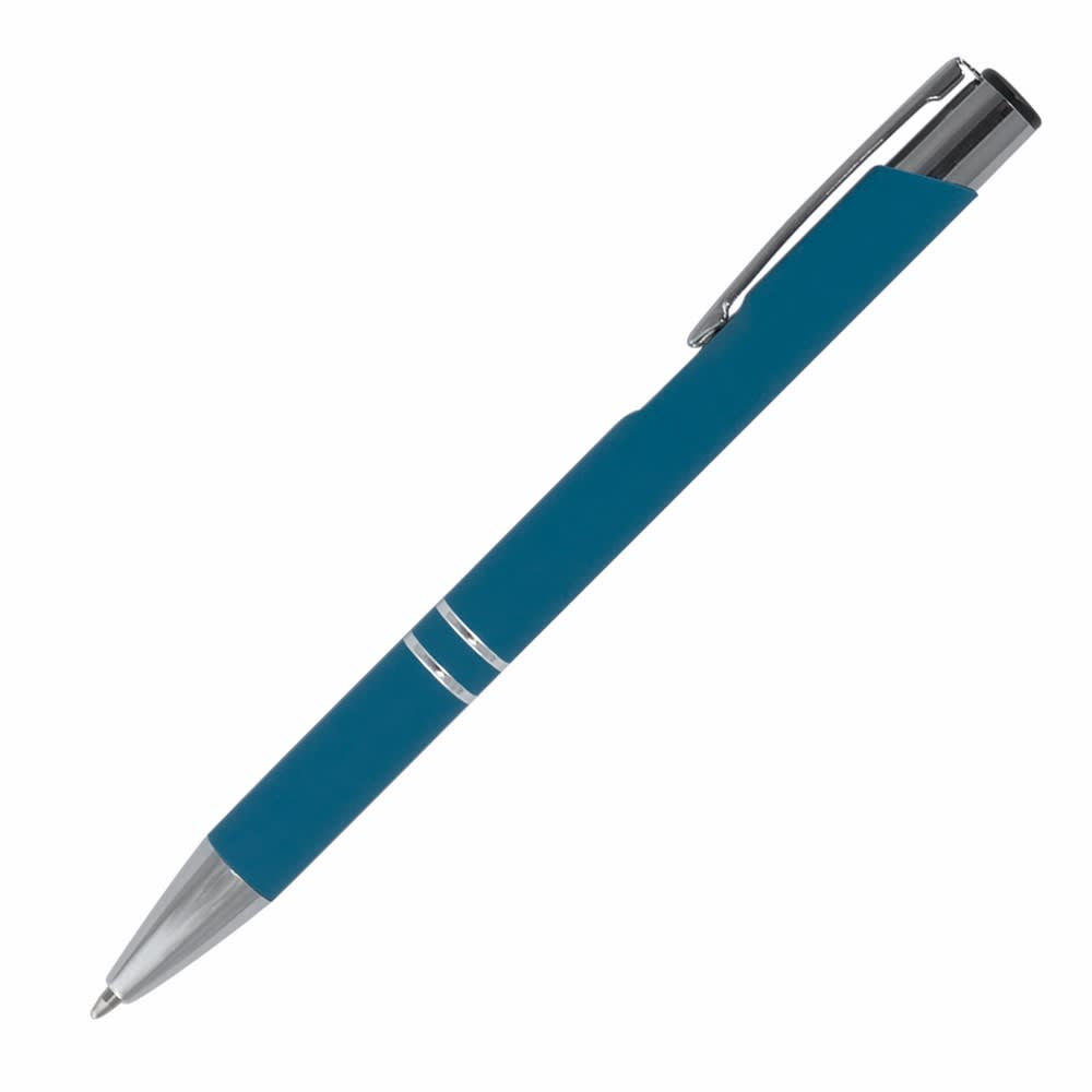 A metal pen in teal with a silver clip and accents, showcasing a sleek and modern design.