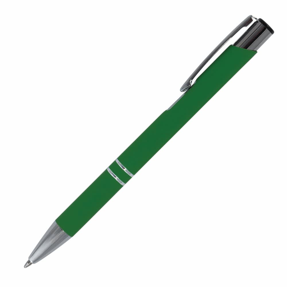 A green metal pen with a chrome clip and decorative bands, featuring a sleek design and smooth finish.