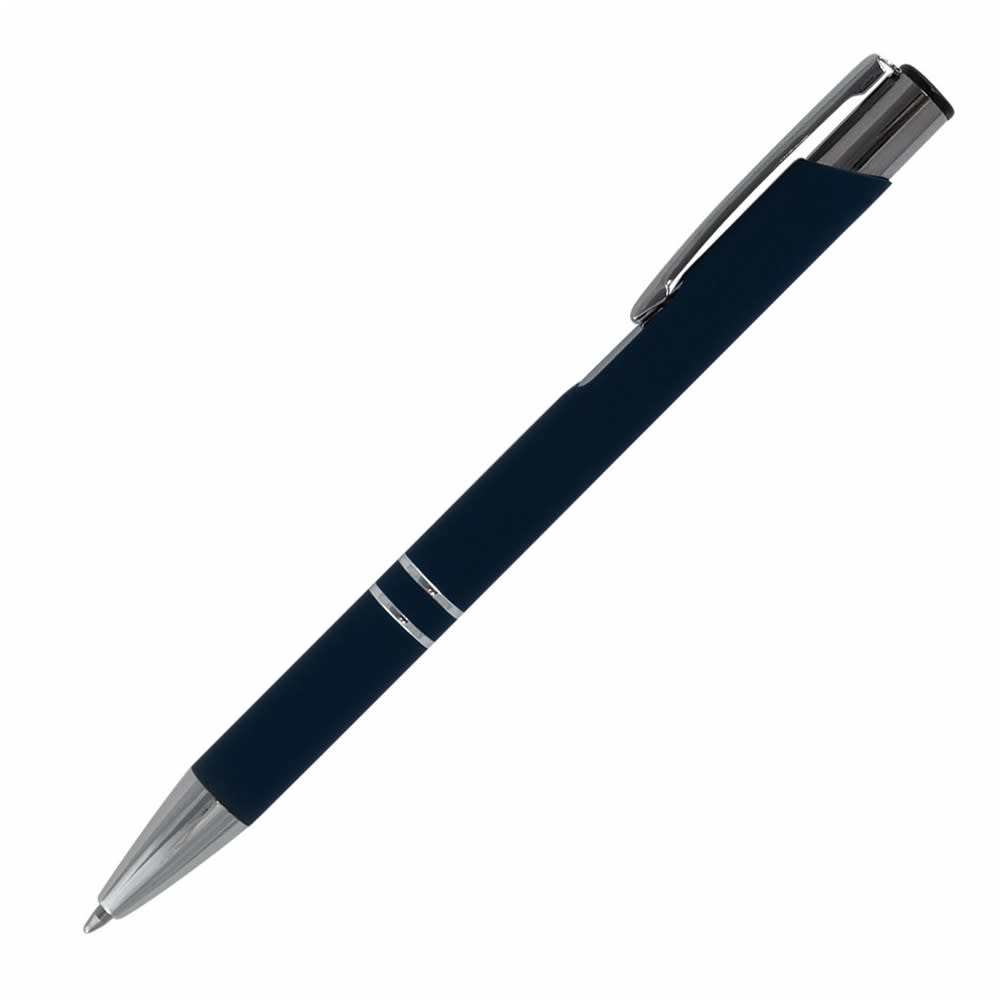A metal pen in navy blue with a chrome clip and accents, featuring a branding logo.