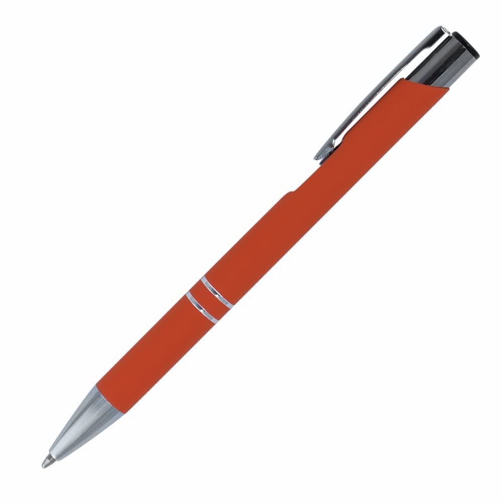A metal pen with an orange rubber grip and chrome accents, featuring a clip and a sleek design.