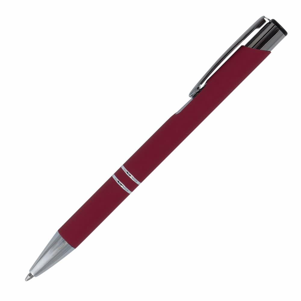 A metal pen in a burgundy colour with a silver trim and clip, featuring a brand logo.