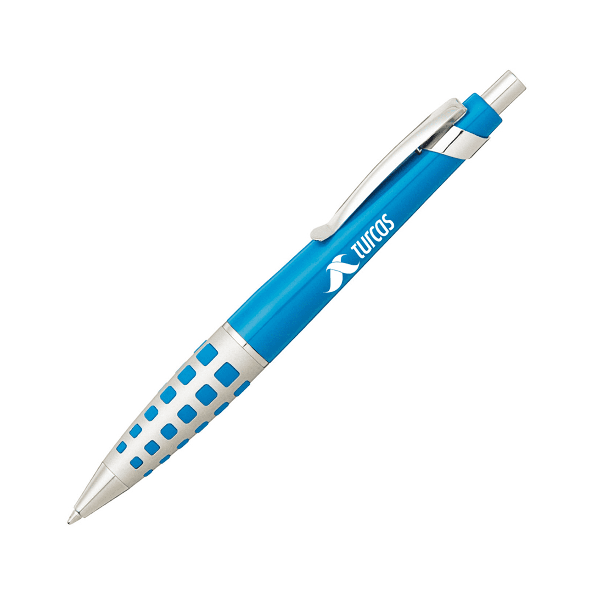 A blue metal pen featuring a patterned grip and a silver clip, with a logo on the barrel.