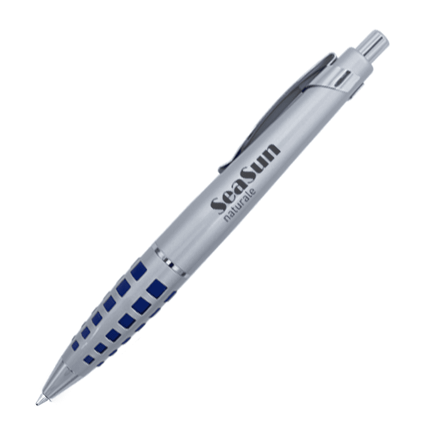 A silver metal pen with a textured blue grip and a logo on the body.