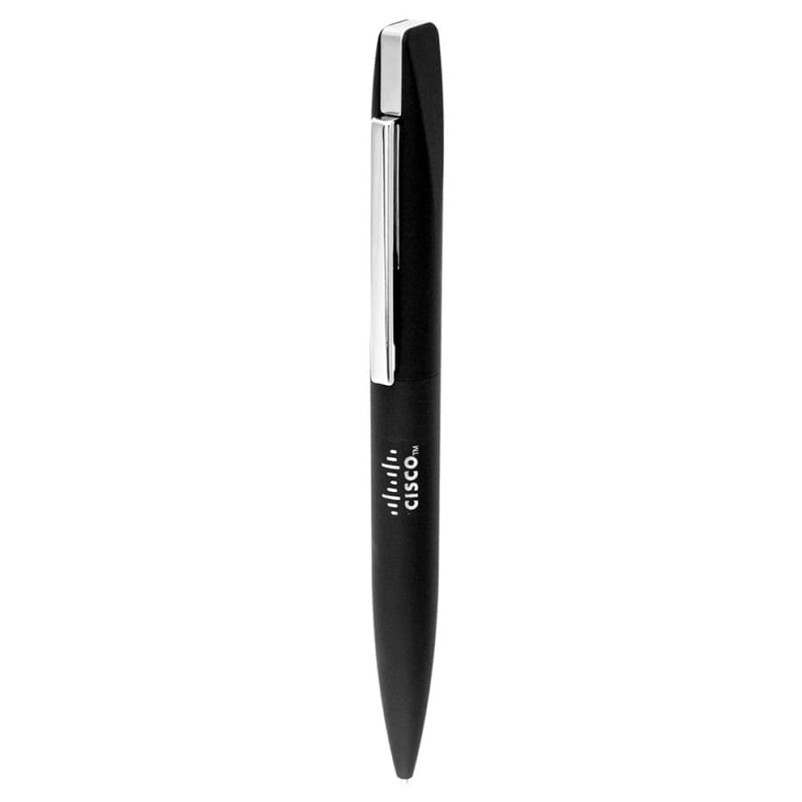 A black slim pen with a chrome clip and branding on the side.