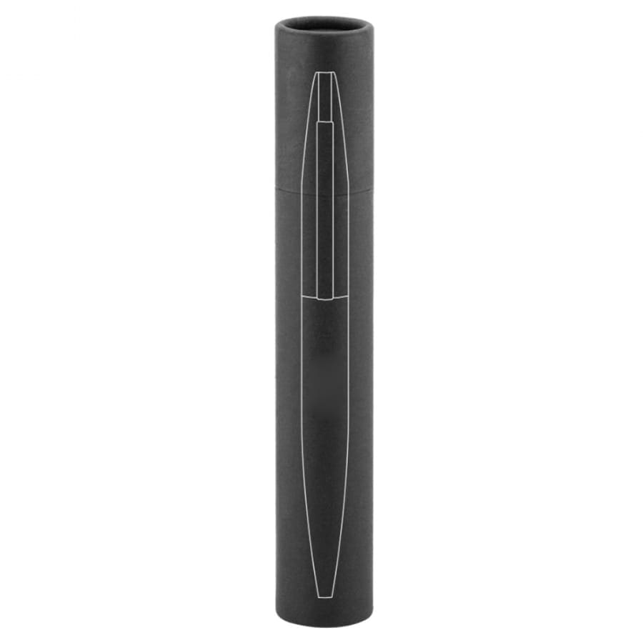 A slim black pen displayed in a cylindrical black packaging. The pen has a sleek design and features a logo.