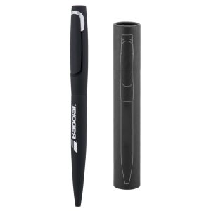 A black metal pen with a sleek design, featuring a pen holder. The pen has a logo on its side.