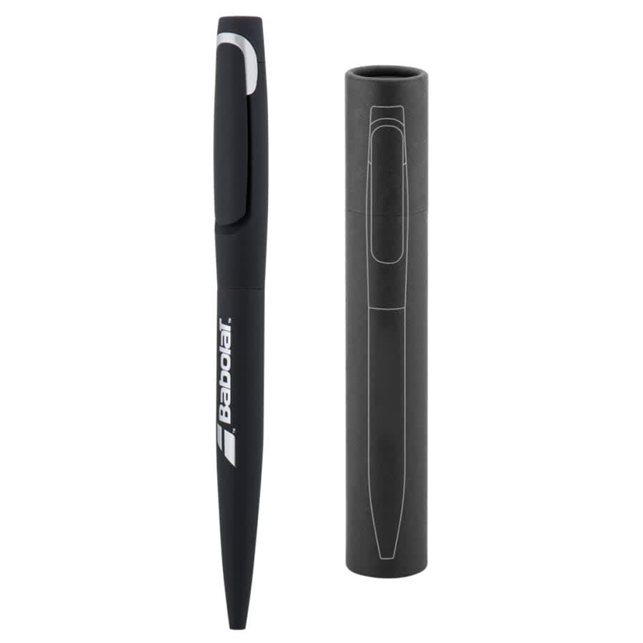 A black metal pen with a sleek design, featuring a pen holder. The pen has a logo on its side.