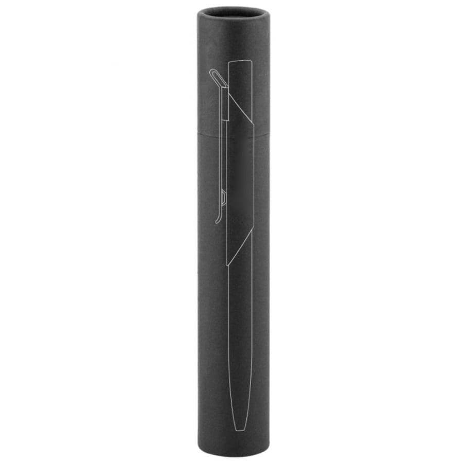 A metal pen in a sleek black tube packaging, featuring a simple branding logo on the exterior.