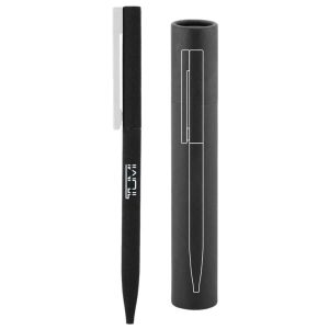 A black metal pen with a sleek design, accompanied by a matching cylindrical case. The pen has a logo.