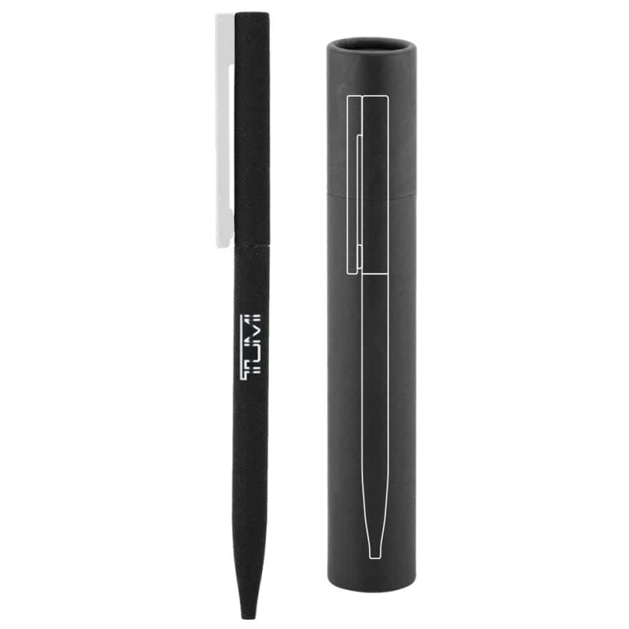 A black metal pen with a sleek design, accompanied by a matching cylindrical case. The pen has a logo.