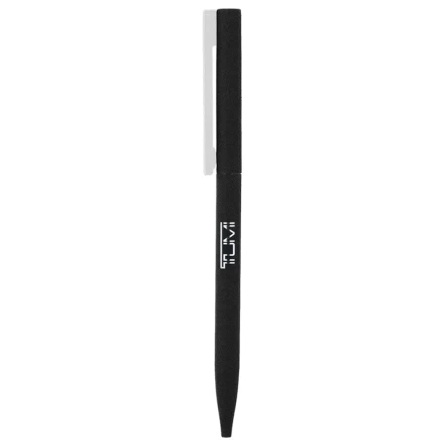 A black metal pen with a sleek design, featuring a clip and a logo on the body.