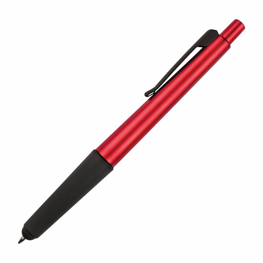 A red 2 in 1 stylus pen with a black rubber grip and a sleek metal body. It features a logo on the barrel.