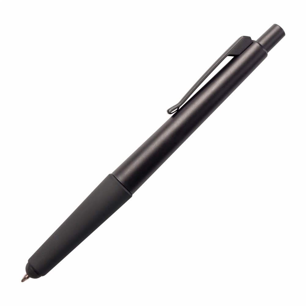 A black 2 in 1 stylus pen with a comfortable grip and a clip for easy attachment. It includes a branding logo.