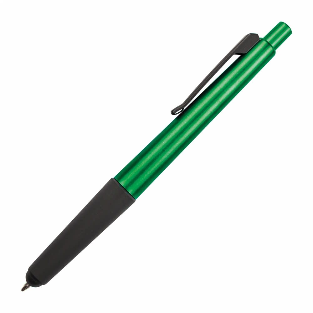 A green 2 in 1 stylus pen with a black grip and clip. It features a sleek, metallic design.