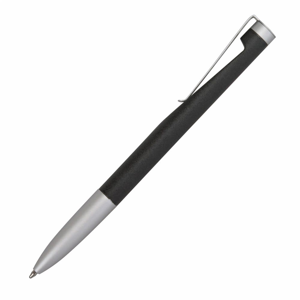 A metal pen with a sleek black grip and a silver tip, featuring a clip and a logo.