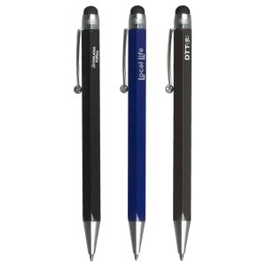 Three stylus pens in black, blue, and grey, each featuring a branding logo and a metal clip.