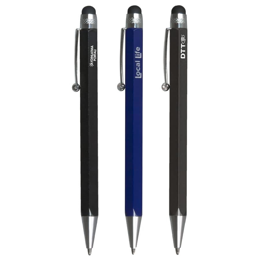 Three stylus pens in black, blue, and grey, each featuring a branding logo and a metal clip.