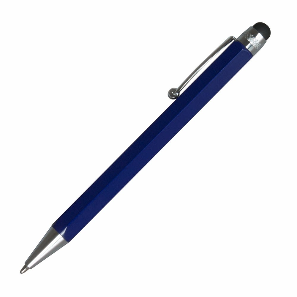 A blue stylus pen with a silver clip and tip, featuring a smooth rectangular body and a black stylus tip.