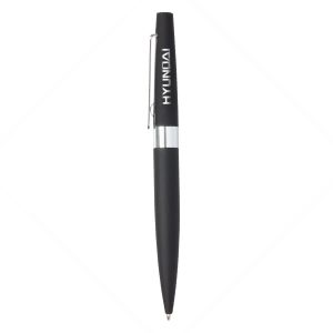 A metal pen in black with a silver clip and a logo on the body.