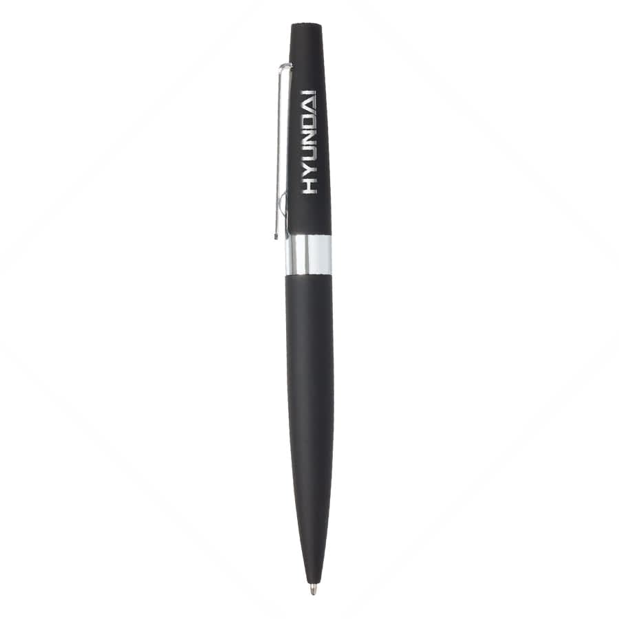A metal pen in black with a silver clip and a logo on the body.