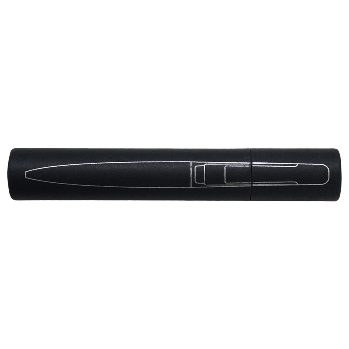 A black metal pen with a sleek design and a logo on the barrel. It is presented in a closed position.