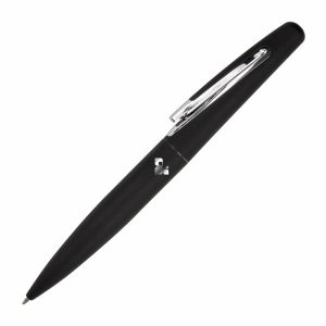 A sleek black metal pen with a shiny silver clip, featuring a logo on its body.