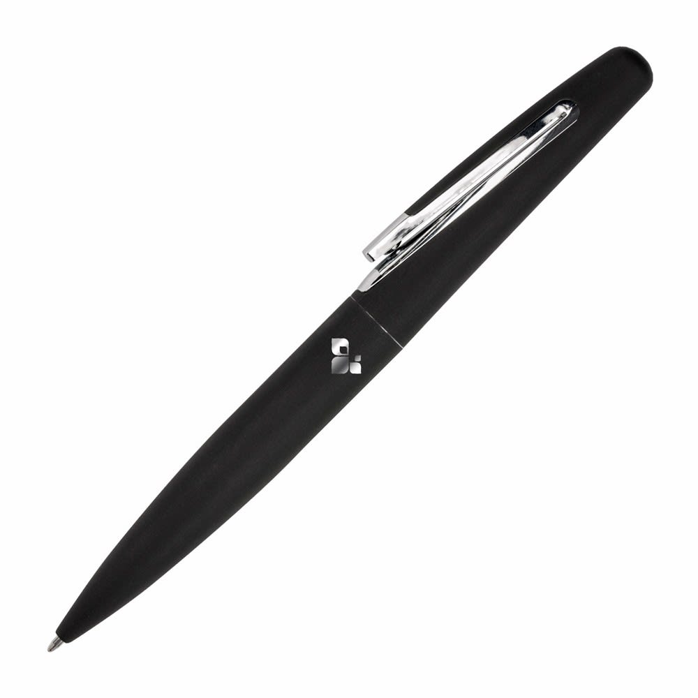 A sleek black metal pen with a shiny silver clip, featuring a logo on its body.