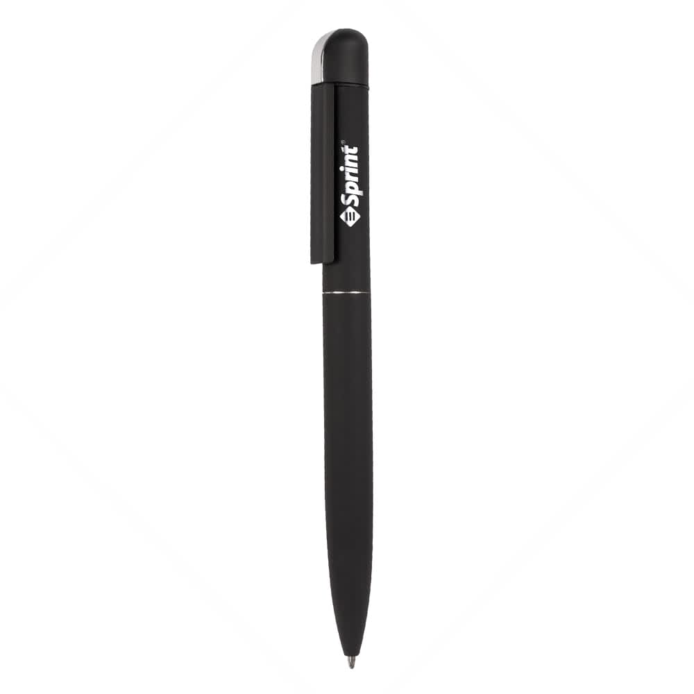 A black metal pen with a rounded top and a clip, featuring a logo on the side.