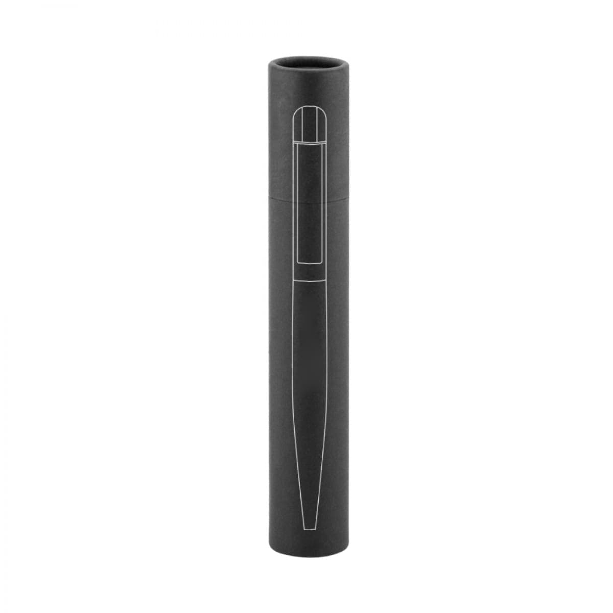 A black metal pen displayed in a cylindrical case, featuring a minimalistic design and a logo.