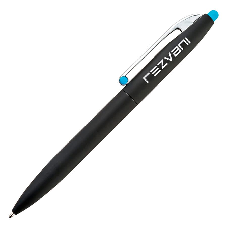 A black pen with a silver clip and a turquoise accent, featuring a logo on the barrel.