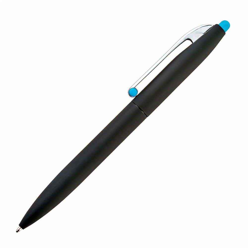 A black pen with a silver clip and a turquoise accent on the top. It features a sleek design and a branding logo.