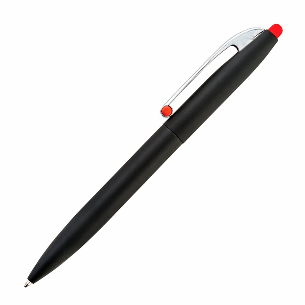 A black pen with a chrome clip and a red top, featuring a branding logo on the body.