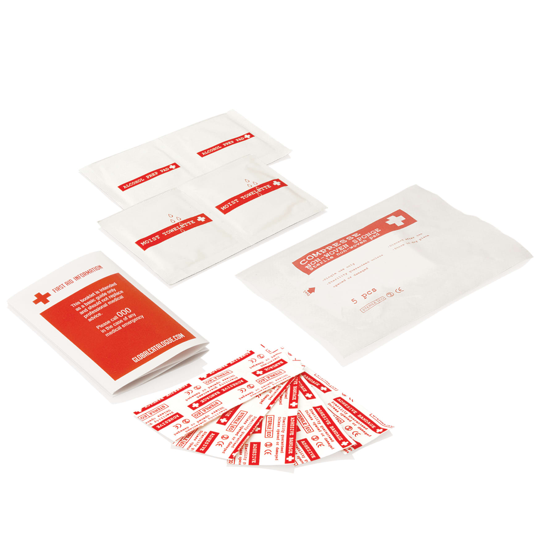 A waterproof first aid kit in white packaging, featuring bandages and medical supplies, with a logo visible.