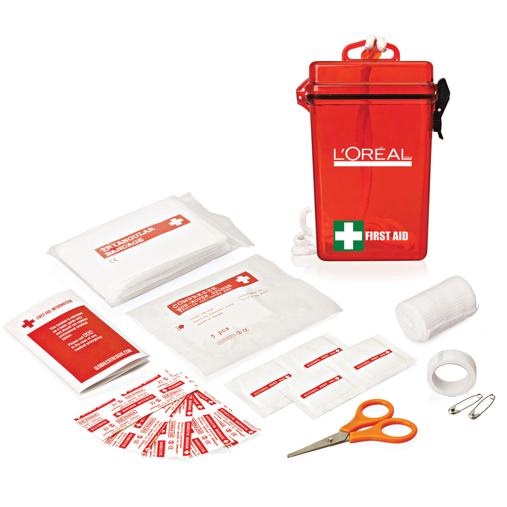 A waterproof red first aid kit containing various bandages, wipes, scissors, and adhesive tape.