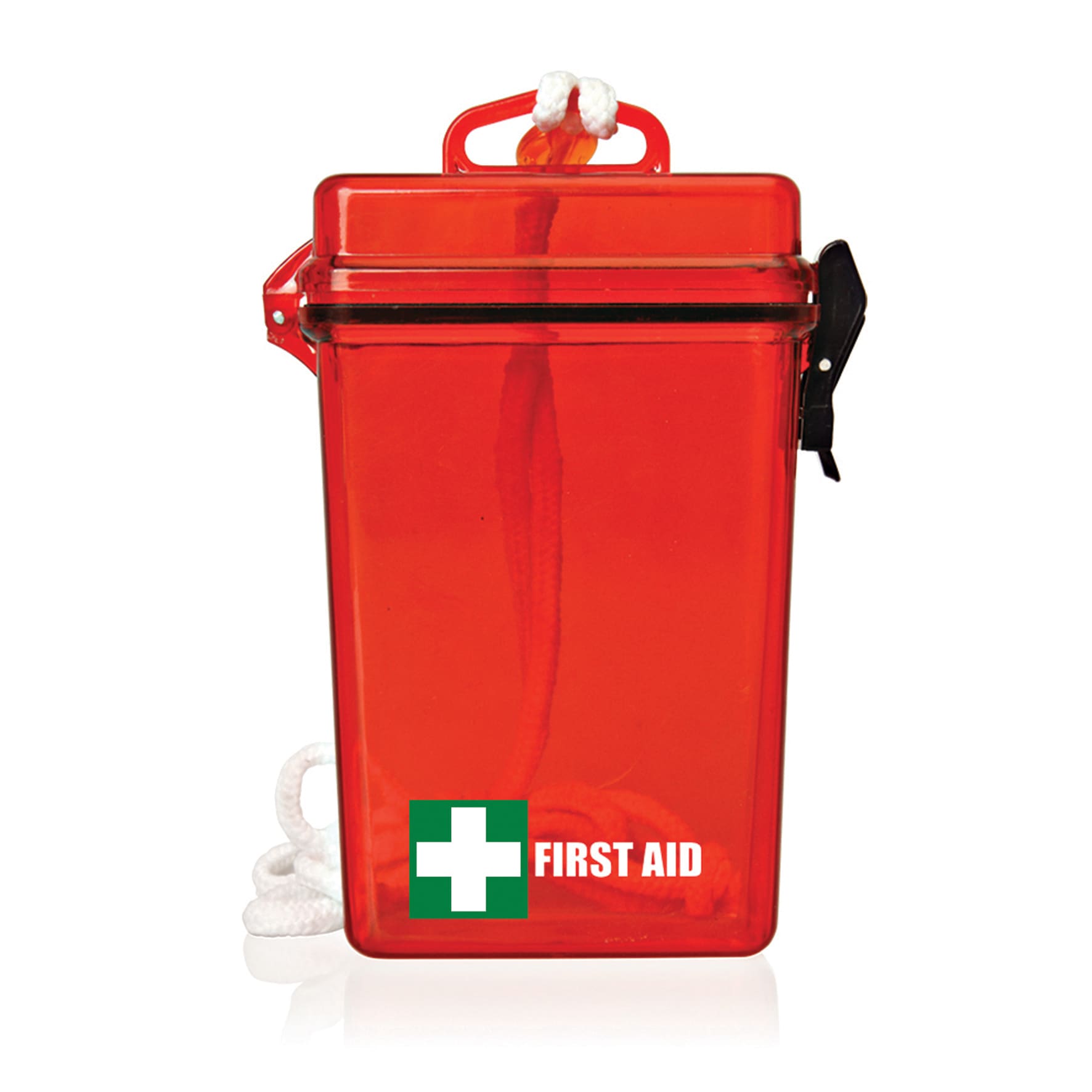 A waterproof red first aid kit with a white cross and an attached rope for easy carrying.
