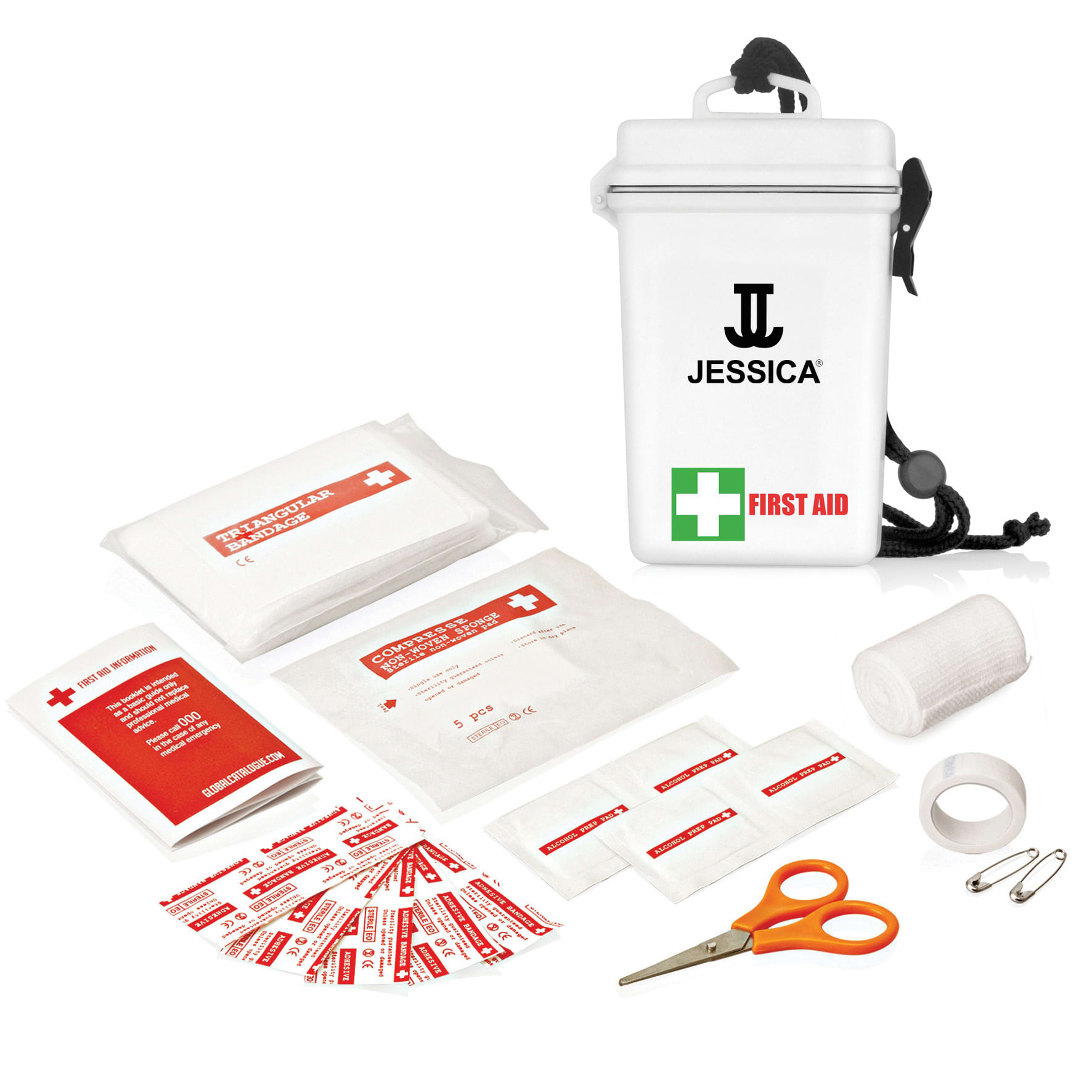 A waterproof white first aid kit containing various medical supplies, plasters, bandages, scissors, and safety pins.