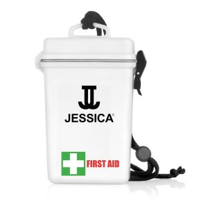 A waterproof white first aid kit features a black logo and a green plus sign with "FIRST AID" label.