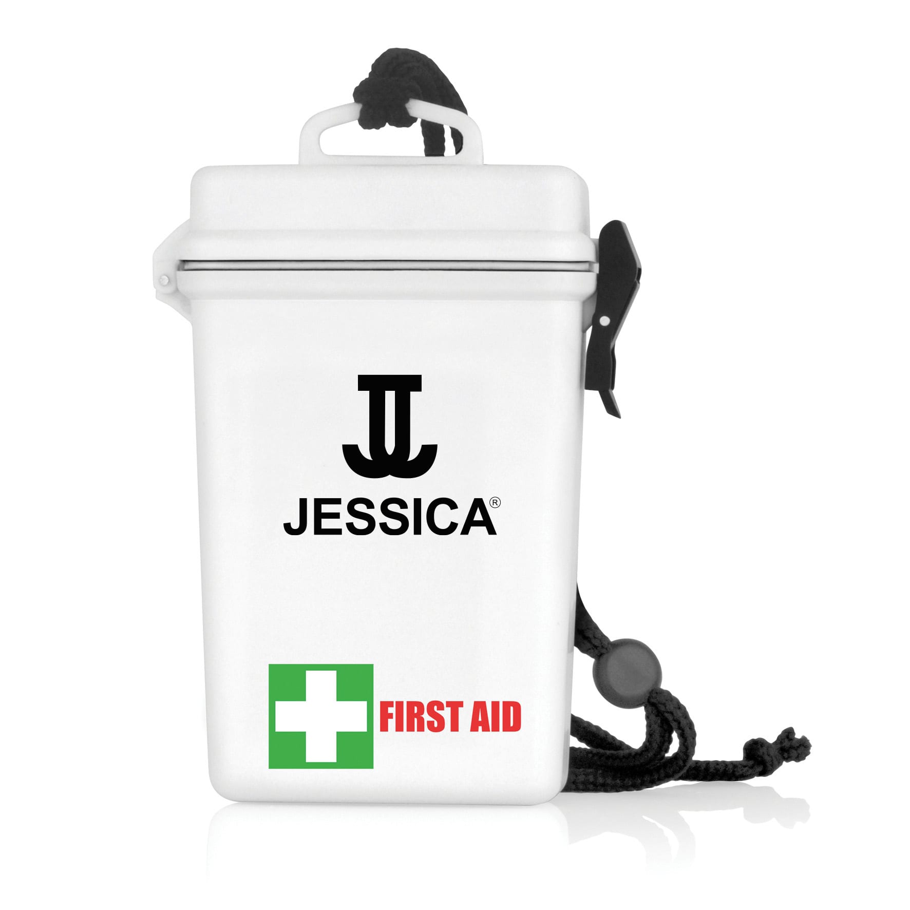 A waterproof white first aid kit features a black logo and a green plus sign with 